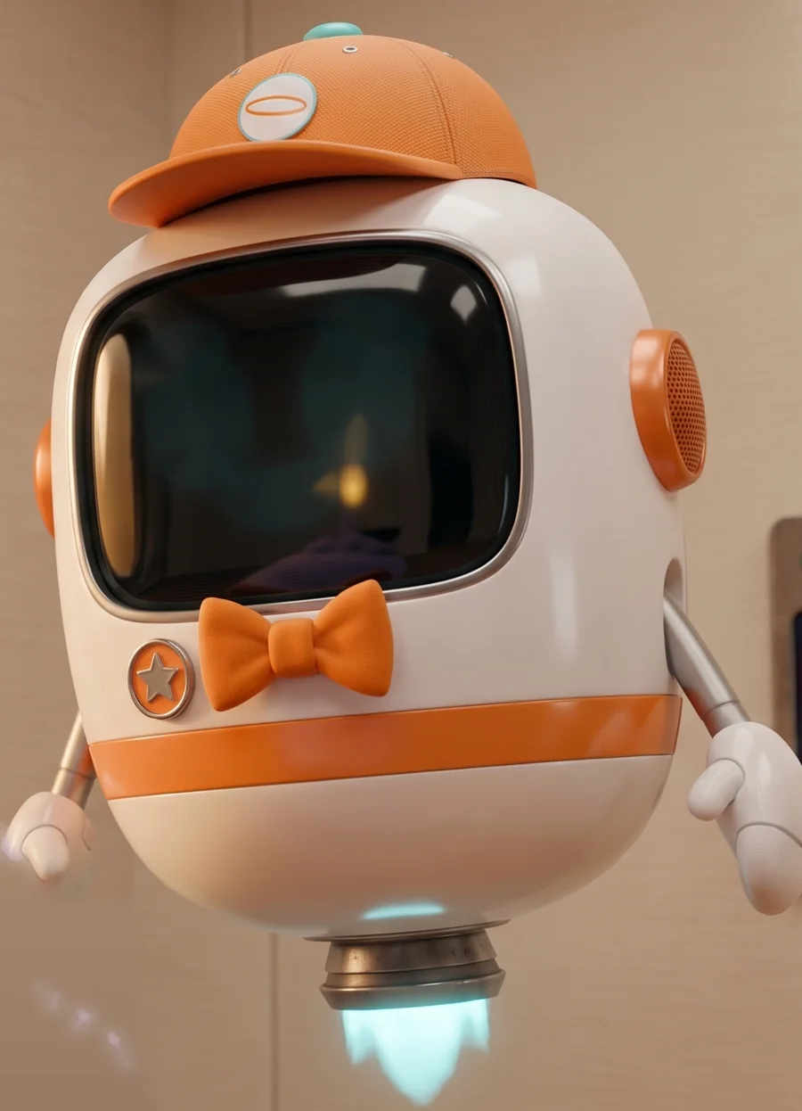 Iko, a white capsule robot with an orange cap, an orange bow tie and a black face screen, floating on a cyan glow