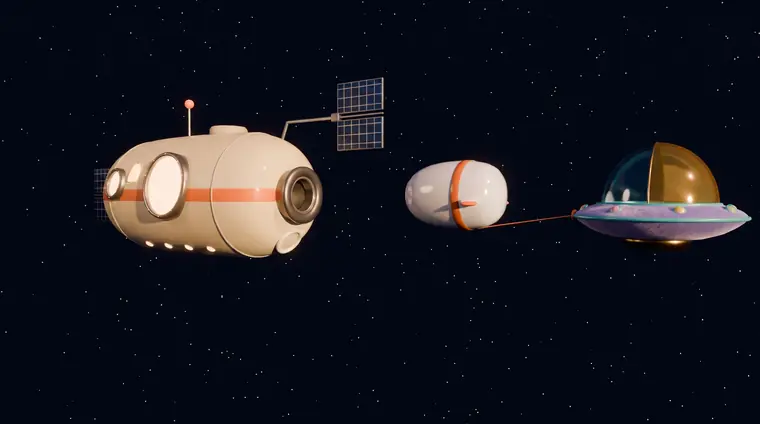 The shuttle tows the saucer home to the station